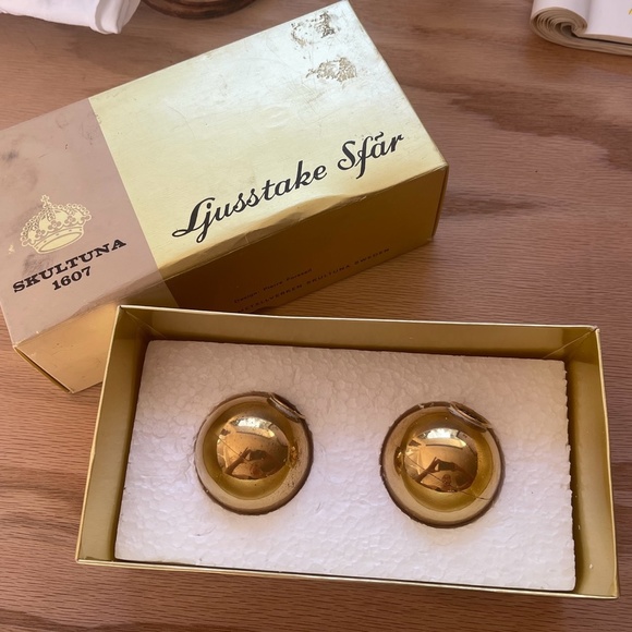SKULTUNA Rare Pierre Forssell Brass Globe Candle Holders in the box